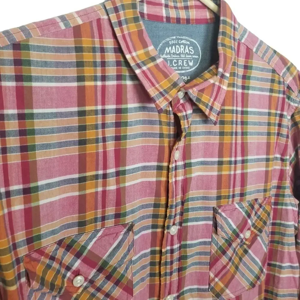 J. Crew Mens Madras Plaid Button Shirt Sz L Preppy Classic Weekend Vibes Casual